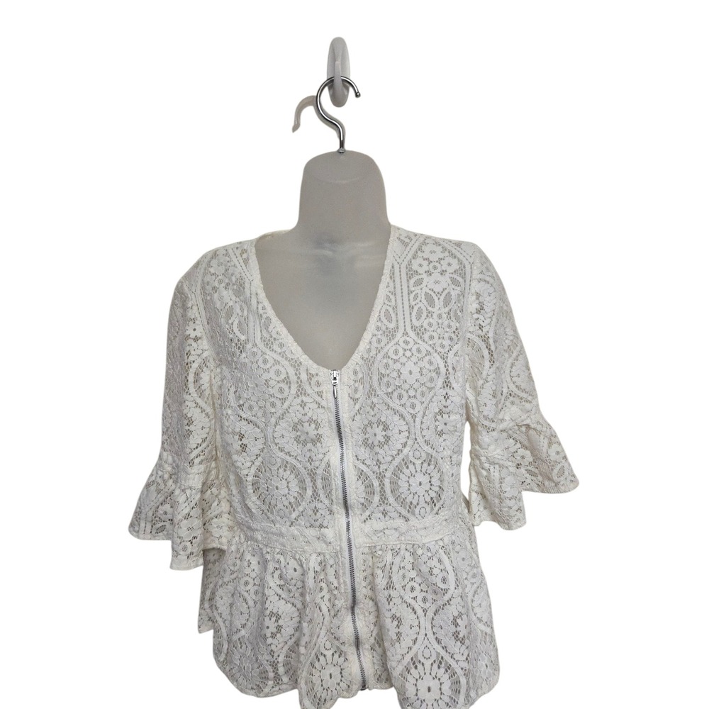 Chico's Black Label Lace Peplum Top Bell Sleeve Zip Front Ivory Size 8
